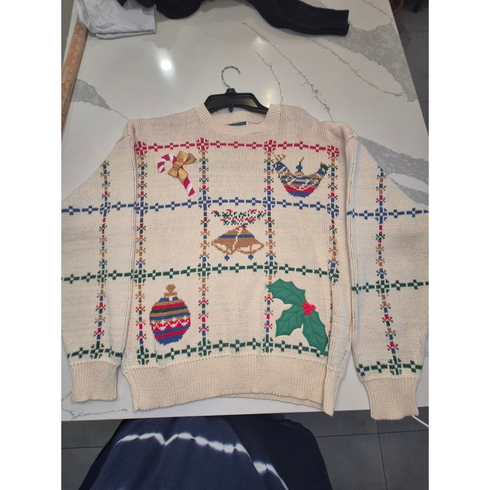 Vintage Melissa Burke Christmas Sweater Cream Cotton Embroidered Holiday Women M - Picture 3 of 8